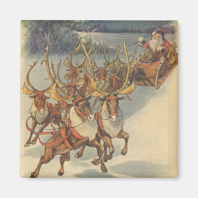 Vintage Christmas Santa Claus Sleigh with Reindeer Magnet (Front)