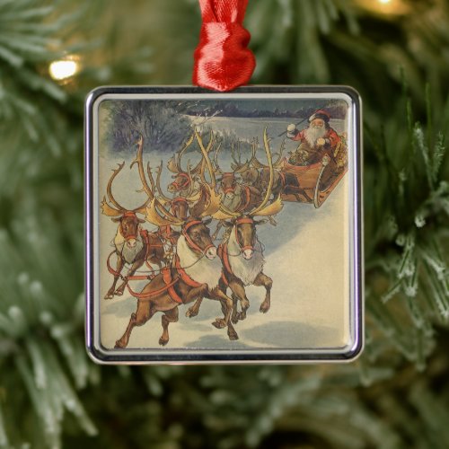 Vintage Christmas Santa Claus Sleigh with Reindeer Metal Ornament