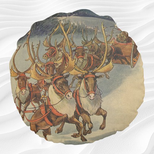 Vintage Christmas Santa Claus Sleigh with Reindeer Round Pillow