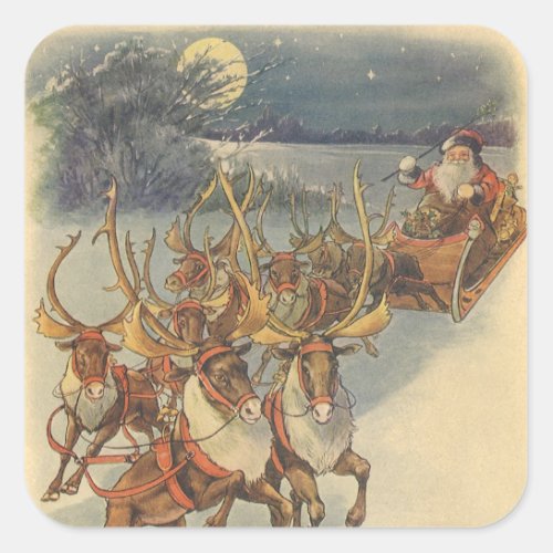 Vintage Christmas Santa Claus Sleigh with Reindeer Square Sticker