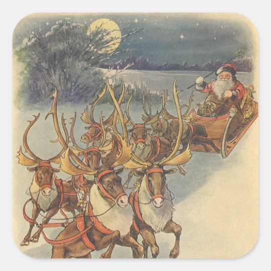Vintage Christmas Santa Claus Sleigh with Reindeer Square Sticker ...