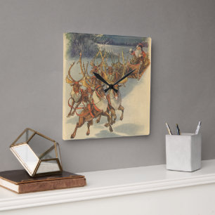 Vintage Christmas Santa Claus Sleigh with Reindeer Square Wall Clock