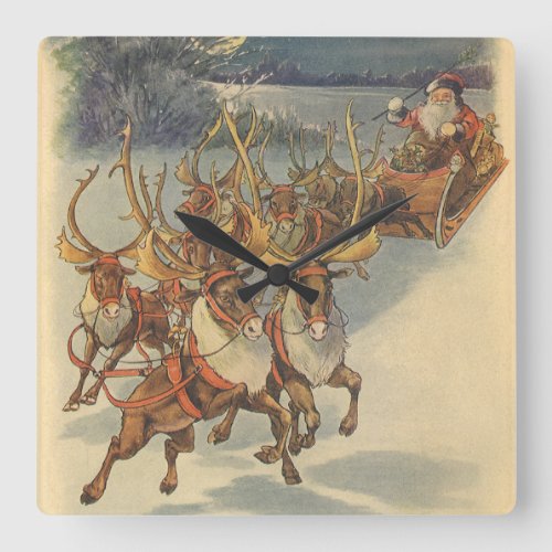 Vintage Christmas Santa Claus Sleigh with Reindeer Square Wall Clock