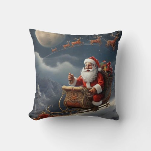 Vintage Christmas Santa Claus Sleigh with Reindeer Throw Pillow