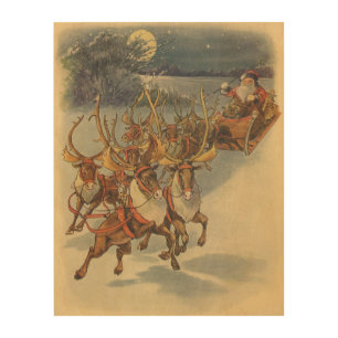 Vintage Christmas Santa Claus Sleigh with Reindeer Wood Wall Decor