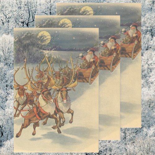 Vintage Christmas Santa Claus Sleigh with Reindeer Wrapping Paper Sheets