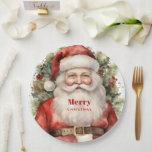 Vintage Christmas Santa Claus Smiling Paper Plates<br><div class="desc">Paper plates with a cute vintage style watercolor image. Santa Claus in his red suit with jolly cheeks and a smiling face. Surrounded by pine and holly.</div>