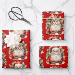 Vintage Christmas Santa Claus Smiling Pattern Wrapping Paper Sheets