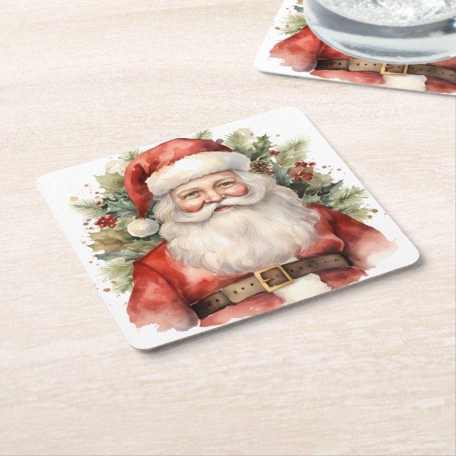 Vintage Christmas Santa Claus Smiling Square Paper Coaster (Angled)