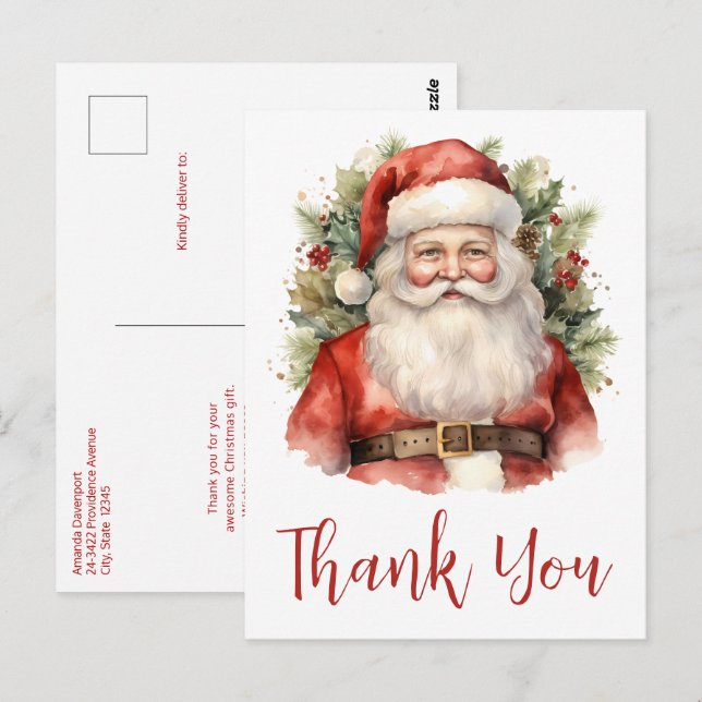 Vintage Christmas Santa Claus Smiling Thank You Postcard (Front/Back)