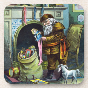 Vintage Christmas, Santa Claus Stockings with Toys Beverage Coaster