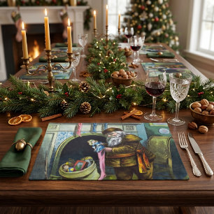 Vintage Christmas, Santa Claus Stockings with Toys Cloth Placemat