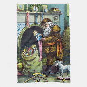 Vintage Christmas, Santa Claus Stockings with Toys Kitchen Towel