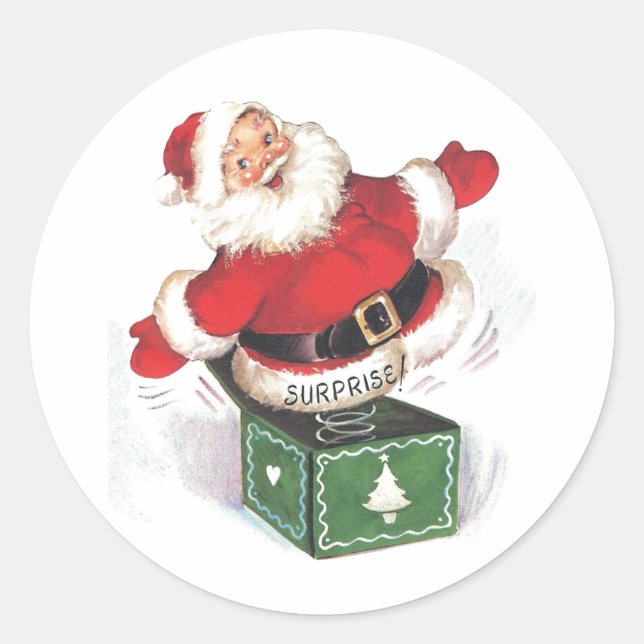 Vintage Christmas Santa Claus Surprise Classic Round Sticker (Front)