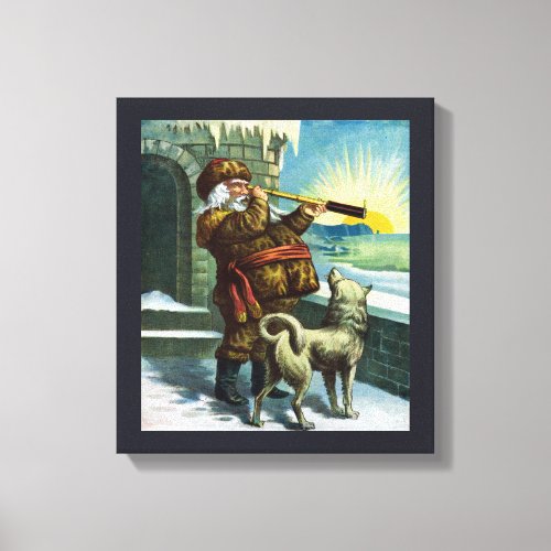 Vintage Christmas Santa Claus Telescope Dog Sunset Canvas Print