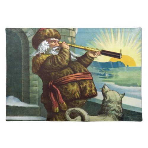 Vintage Christmas Santa Claus Telescope Dog Sunset Cloth Placemat