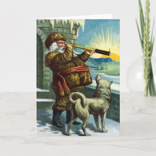 Vintage Christmas Santa Claus Telescope Dog Sunset Holiday Card