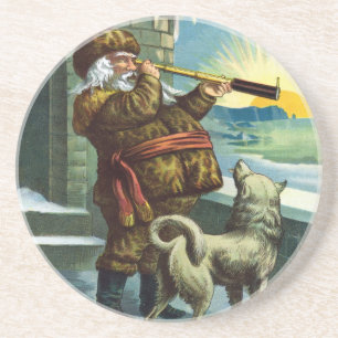 Vintage Christmas Santa Claus Telescope Dog Sunset Sandstone Coaster