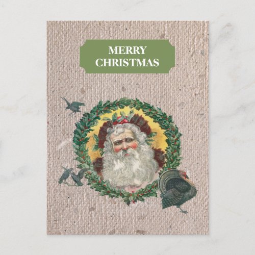 Vintage Christmas Santa Claus Turkey Rustic Holiday Postcard