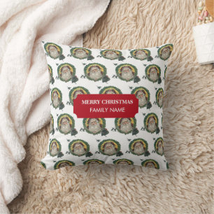 Vintage Christmas Santa Claus Turkeys Custom Name Throw Pillow