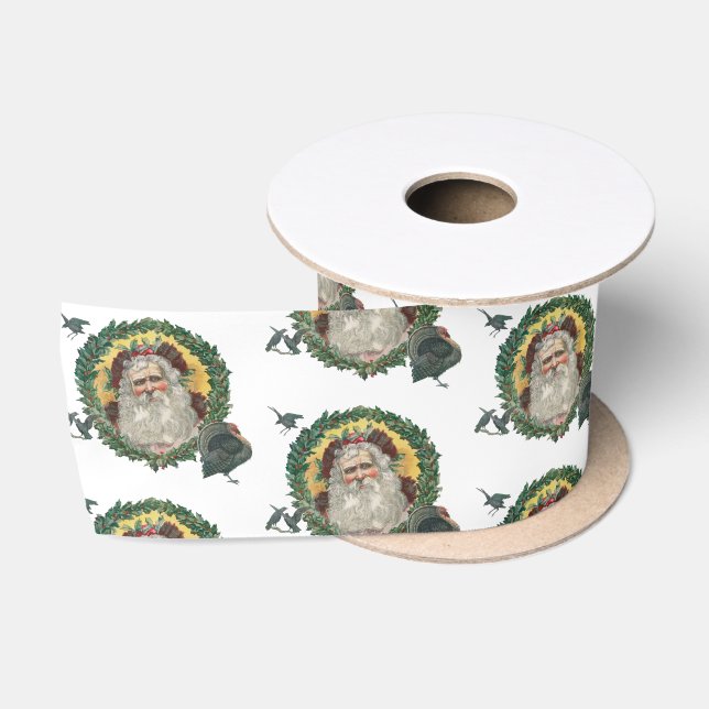 Vintage Christmas Santa Claus Turkeys Satin Ribbon (Spool)