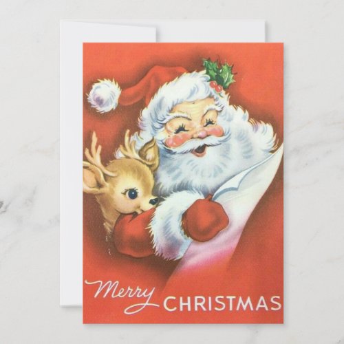Vintage Christmas Santa Claus With Baby Reindeer Holiday Card