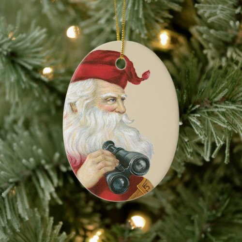 Vintage Christmas Santa Claus with Binoculars Ceramic Ornament
