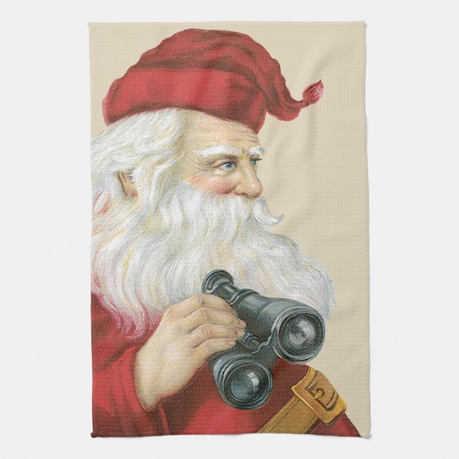 Vintage Christmas, Santa Claus with Binoculars Kitchen Towel (Vertical)
