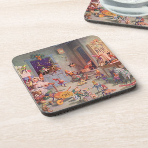 Vintage Christmas, Santa Claus with Elves Workshop Beverage Coaster