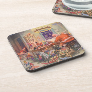 Vintage Christmas, Santa Claus with Elves Workshop Drink Coaster
