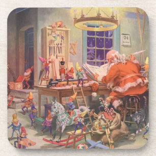 Vintage Christmas, Santa Claus with Elves Workshop Drink Coaster