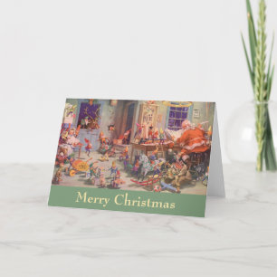Vintage Christmas, Santa Claus with Elves Workshop Holiday Card