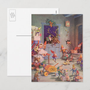 Vintage Christmas, Santa Claus with Elves Workshop Holiday Postcard