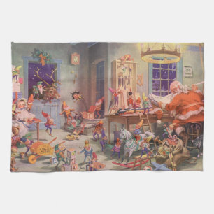 Vintage Christmas, Santa Claus with Elves Workshop Kitchen Towel