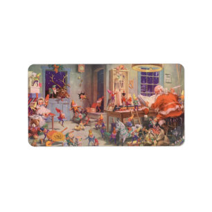Vintage Christmas, Santa Claus with Elves Workshop Label