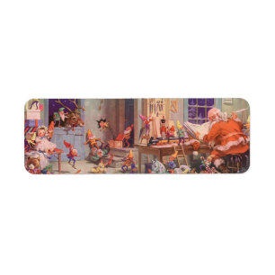 Vintage Christmas, Santa Claus with Elves Workshop Label