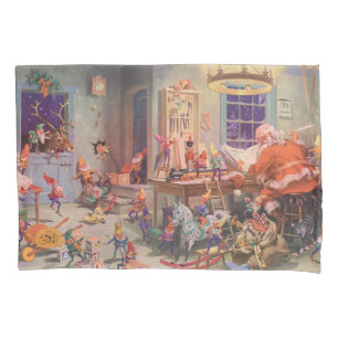Vintage Christmas, Santa Claus with Elves Workshop Pillow Case