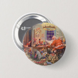 Vintage Christmas, Santa Claus with Elves Workshop Pinback Button