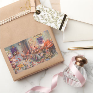 Vintage Christmas, Santa Claus with Elves Workshop Rectangular Sticker