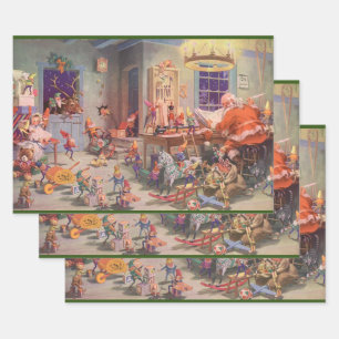 Vintage Christmas, Santa Claus with Elves Workshop Wrapping Paper Sheets