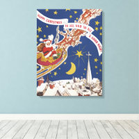 Vintage Christmas Santa Claus With Flying Reindeer