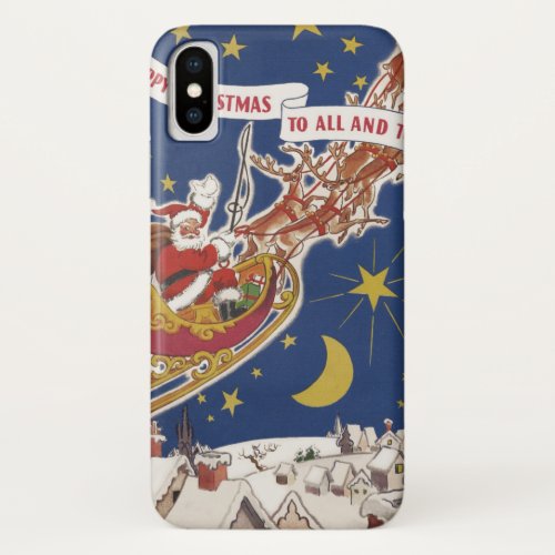 Vintage Christmas Santa Claus With Flying Reindeer iPhone X Case Vintage Christmas Santa Claus With Flying Reindeer iPhone X Case
