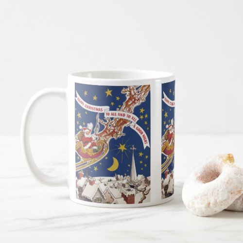 Vintage Christmas Santa Claus With Flying Reindeer Coffee Mug