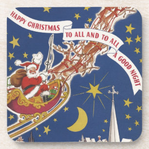Vintage Christmas Santa Claus With Flying Reindeer Drink Coaster