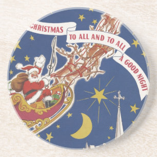 Vintage Christmas Santa Claus With Flying Reindeer Drink Coaster