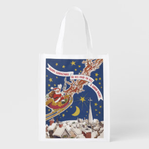 Vintage Christmas Santa Claus With Flying Reindeer Grocery Bag