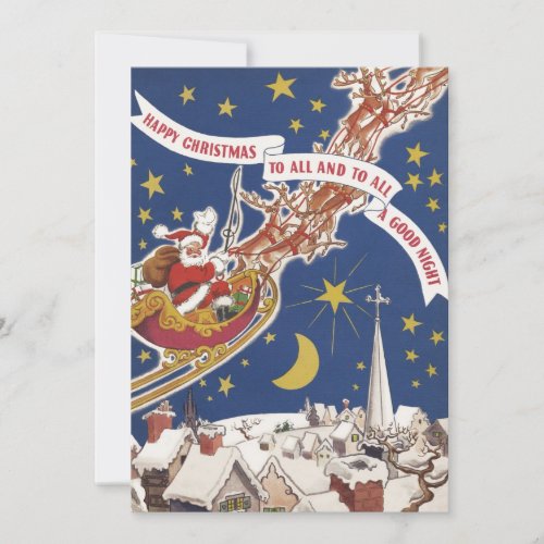 Vintage Christmas Santa Claus With Flying Reindeer Holiday Card