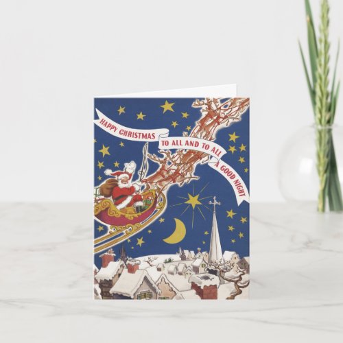 Vintage Christmas Santa Claus With Flying Reindeer Holiday Card