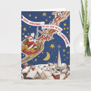 Vintage Christmas Santa Claus With Flying Reindeer Holiday Card