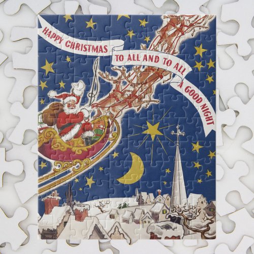 Vintage Christmas Santa Claus With Flying Reindeer Jigsaw Puzzle